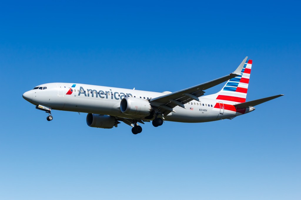 American Airlines Boeing 737-8 MAX airplane in flight.