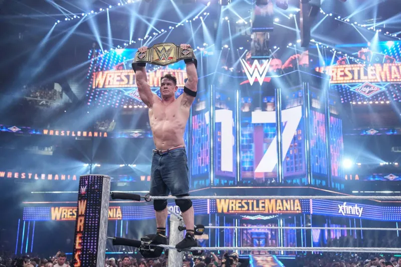 John Cena celebrates his win during WrestleMania 41 Sunday in Las Vegas in April 2025
